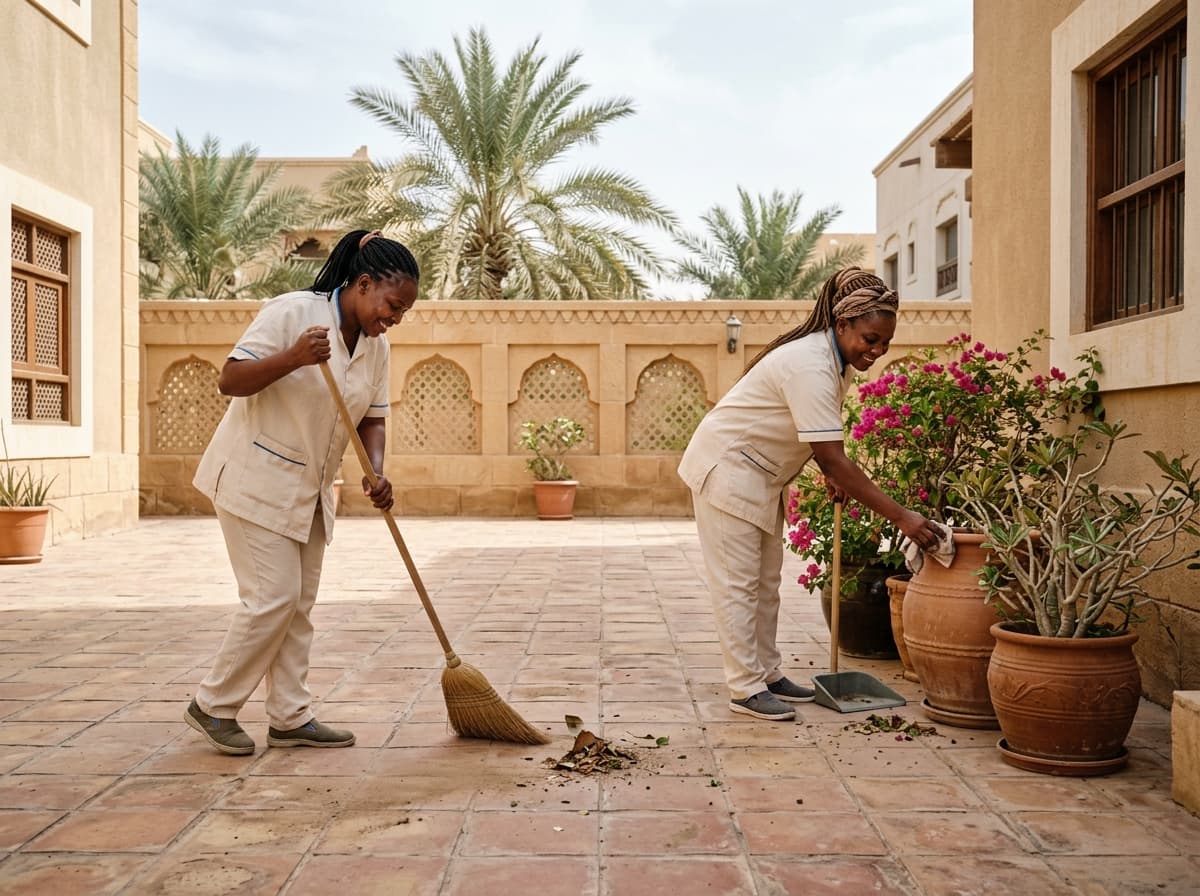 عاملة تنظّف المنطقة الخارجية لمجمّع سكني في الرياض