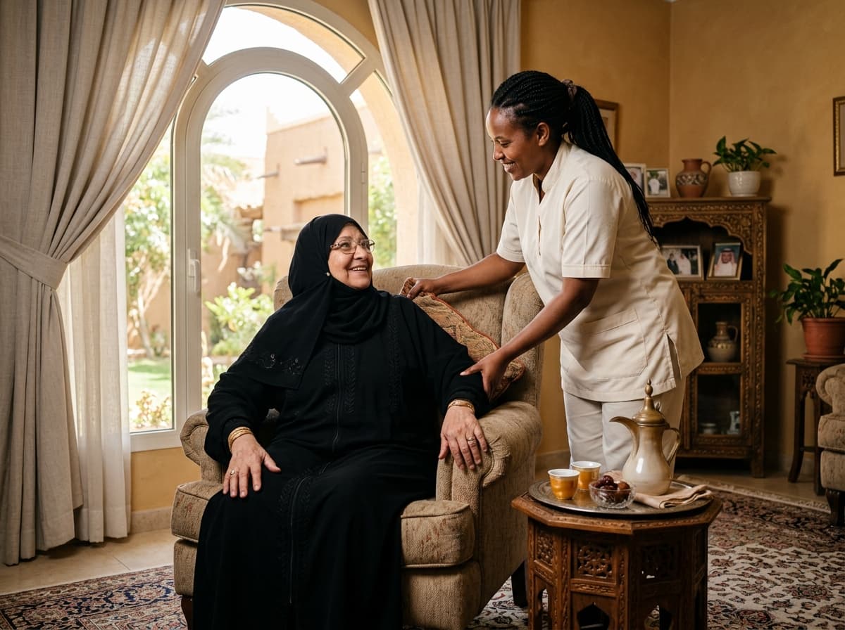 مقدّمة رعاية تساعد أحد كبار السن في العائلة
